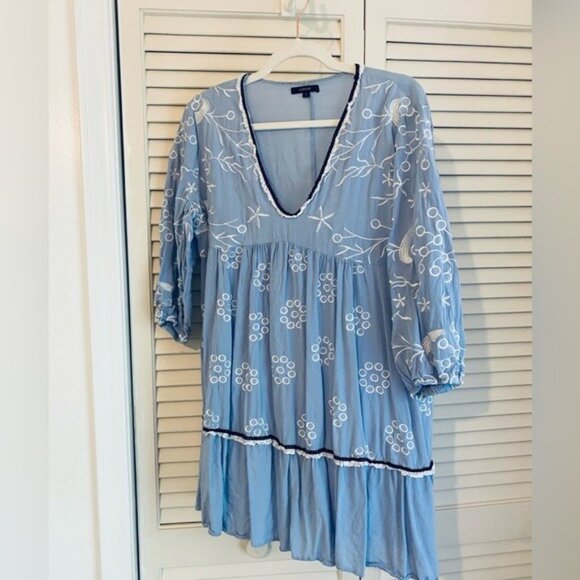 FloryDay Pale Blue Embroidered V-Neck Dress W/White Floral Details Size L - Picture 1 of 6